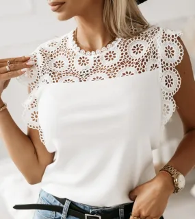 Camicetta senza maniche in pizzo estivo dolce tinta unita donna scava fuori camicia bianca da donna nera elegante casual Blusas