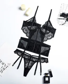 Set di reggiseno in pizzo da 2 pezzi Set di reggiseno con fasciatura floreale da donna Set di biancheria intima nera con ferrett